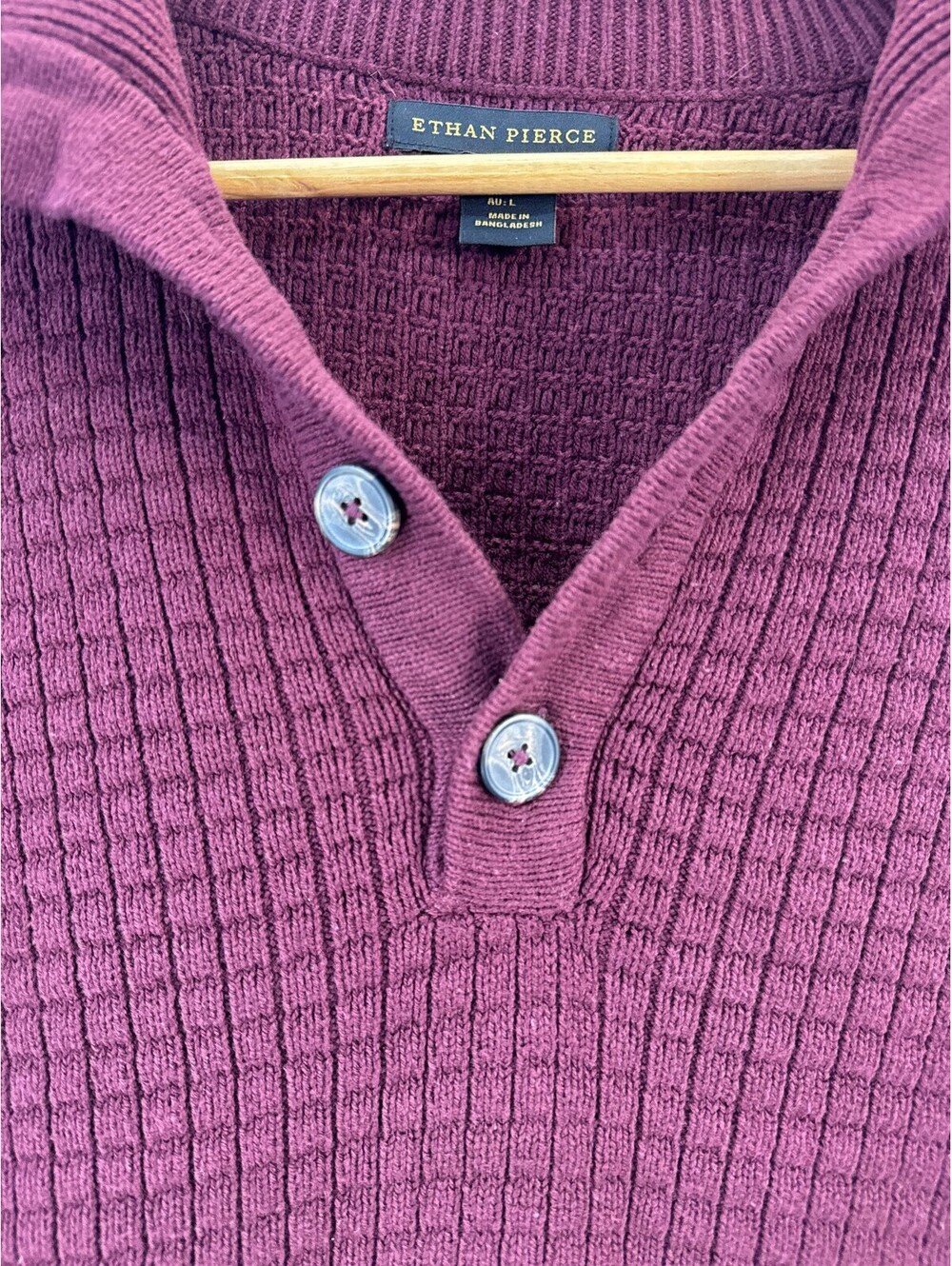 Burgundy Waffle Knit Button Mock Neck Cotton Sweater Old Money Preppy Mens L - Picture 2 of 9